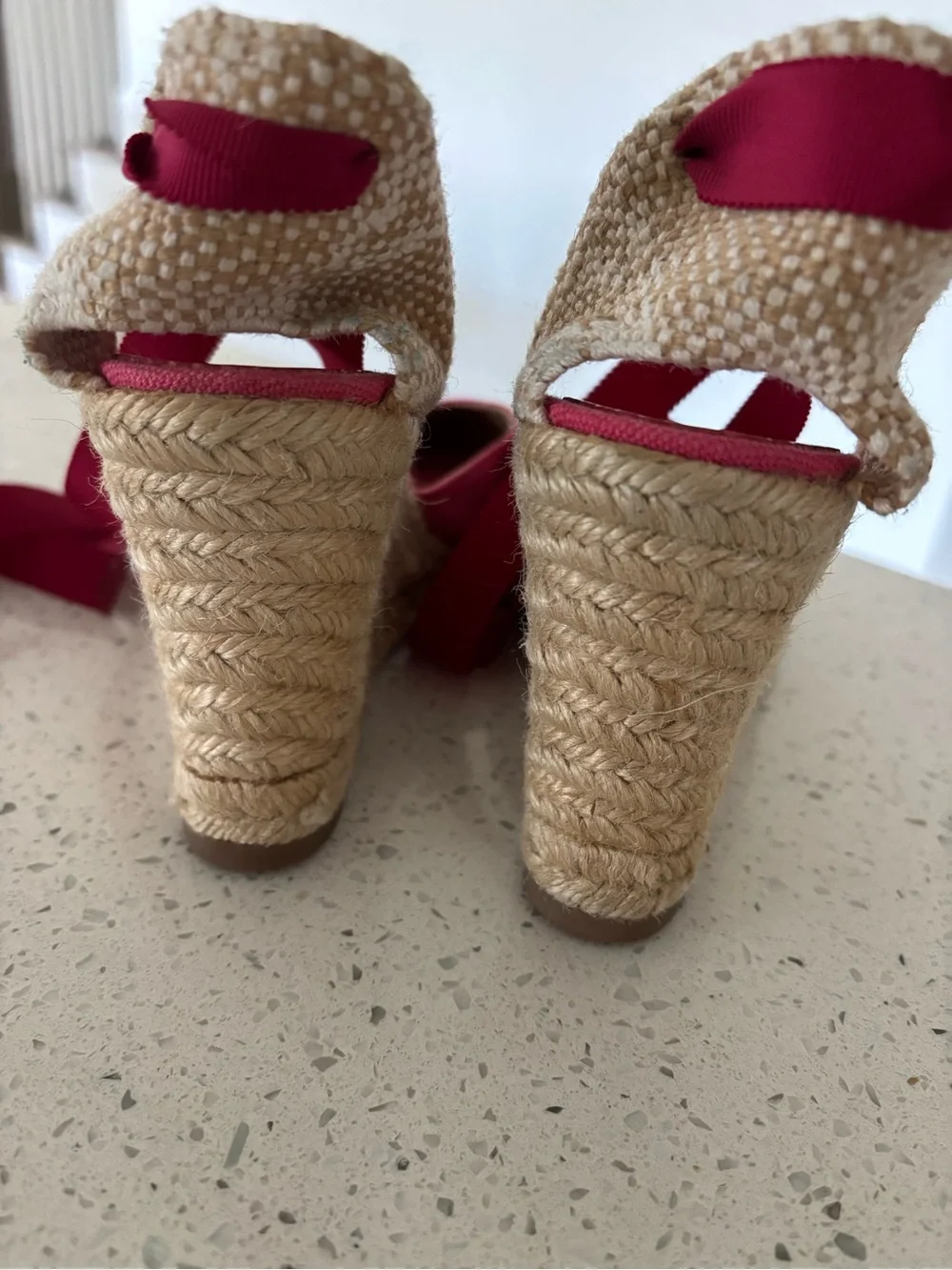 Christian Louboutin Canvas Wedge Espadrilles Fuschia Pink Brigitte Ribbon Ankle